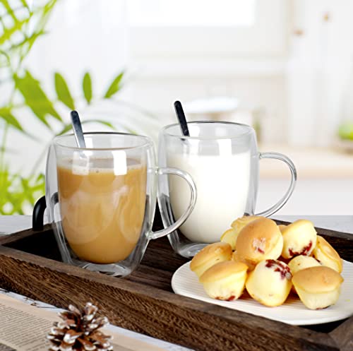 LIBWYS 6 Pack Double Walled Borosilicate Glass Coffee Cups 12oz with Spoons