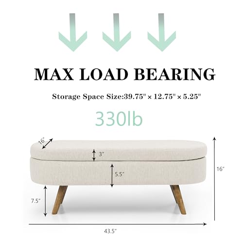 Align Living Beige Storage Ottoman Bench 43.5" with Safety Hinge - Modern Upholstered Footstool for Bedroom & Living Room