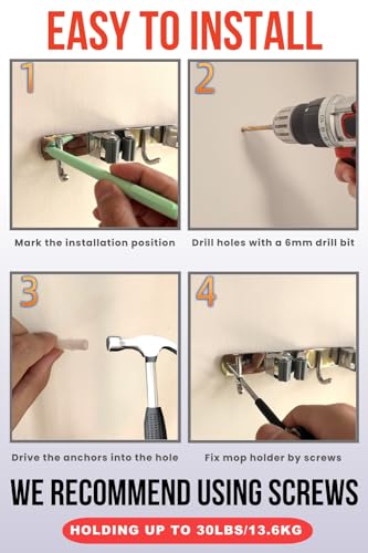 Stainless Steel Mop and Broom Holder Wall Mount with 3 Racks and 4 Hooks