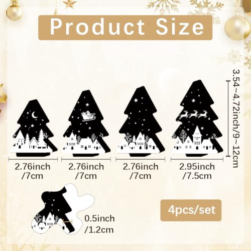 PRESSINART 4Pcs Wooden Christmas Tree Ornaments Set – 4 Sizes, Black & White