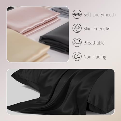 Gabire Mulberry Silk Pillowcase Set of 2 for Hair & Skin, Black Standard