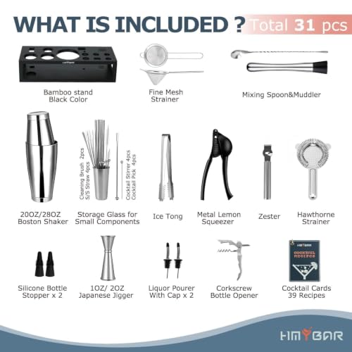 HMYBAR Black+Black 31-Piece Cocktail Shaker Set with Bamboo Stand & Recipe Cards