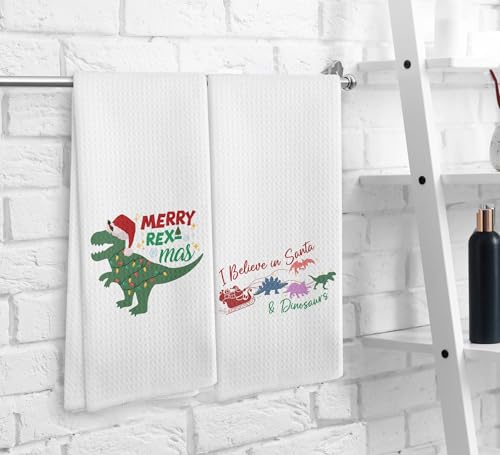 Christmas Dinosaur Kitchen Towels and Dishcloths Set of 2 - Merry Rexmas Santa T Rex Drying Cloths, 16x24 Inch, Home Decor Gift