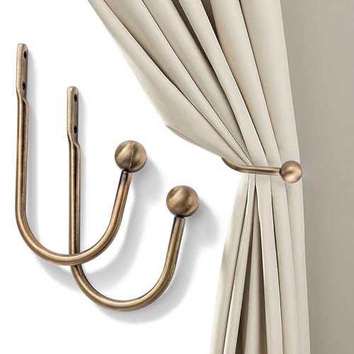 Decorative Brass Curtain Holdbacks - Set of 2 Rust-Proof Metal Wall Hooks