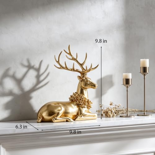 Gold Sitting Deer Figurine - 10 Inch Holiday Home Decor Ornament