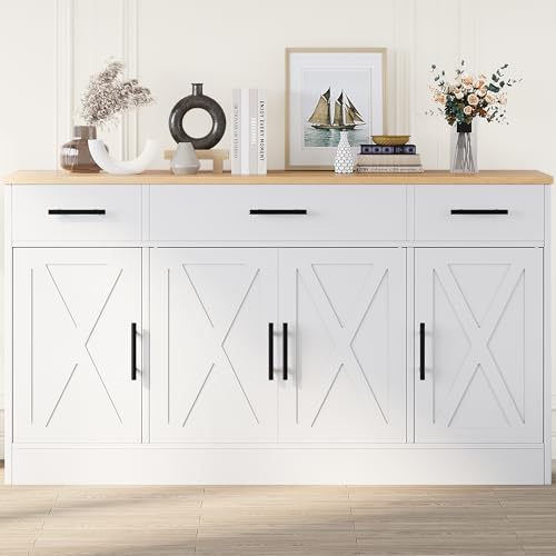 Farmhouse Wood Buffet Sideboard Cabinet with 3 Drawers & 4 Doors, 53.4"
