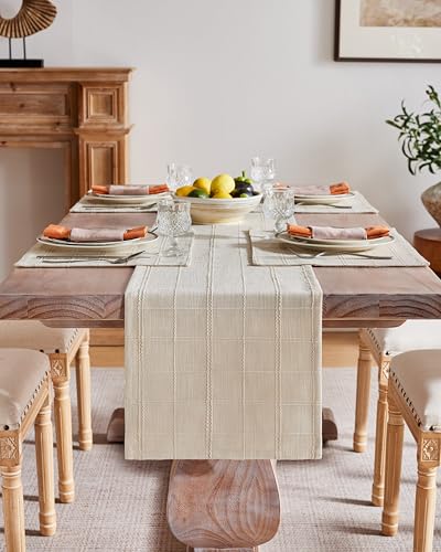 Linen Blend Checked Table Runner, 13x72 Inches Neutral Beige Farmhouse Decor