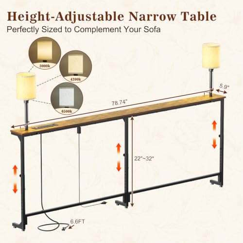 79-Inch Adjustable Height Sofa Table with Charging Station and LED Lights