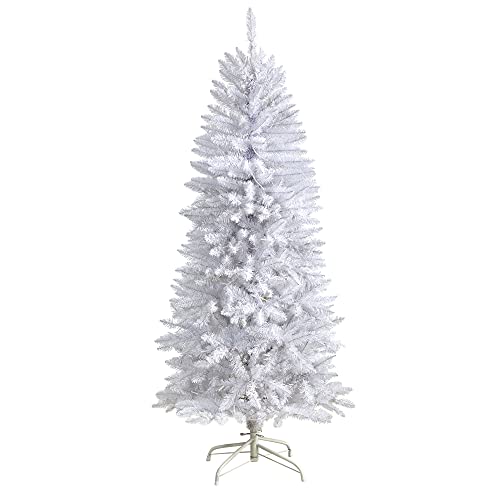 Nearly Natural 5ft Pre-Lit White Artificial Christmas Tree with 150 LEDs, Slim, Realistic Foliage