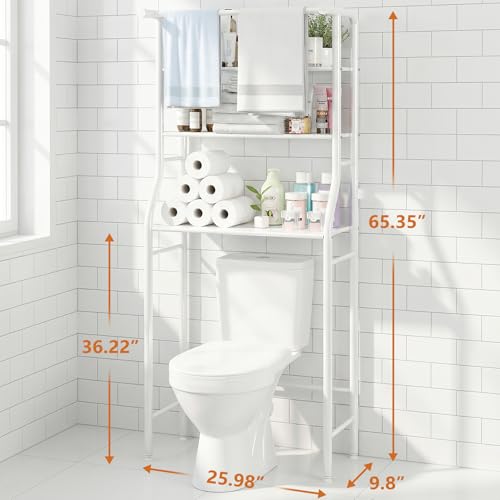 3-Tier Over-the-Toilet Storage Rack with Towel Bar, White Iron Shelf