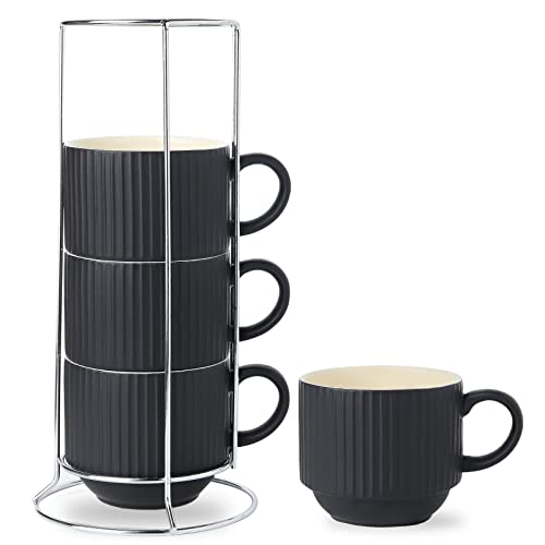 HASENSE Matte Black 15oz Ceramic Coffee Mug Set of 4 with Metal Stand