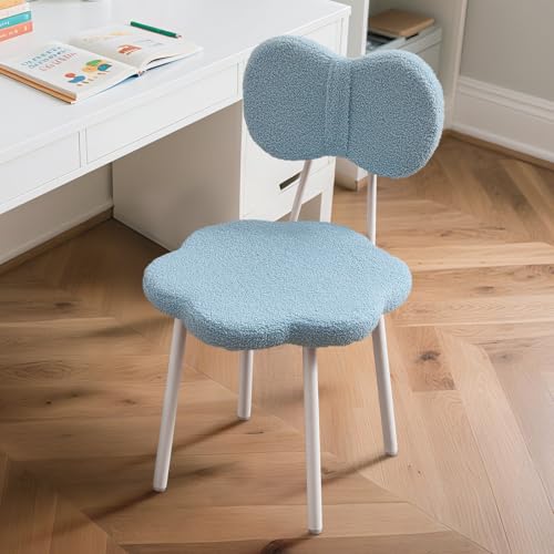 Bow Backrest Vanity Chair, Teddy Fleece Reading Seat for Bedroom, Blue