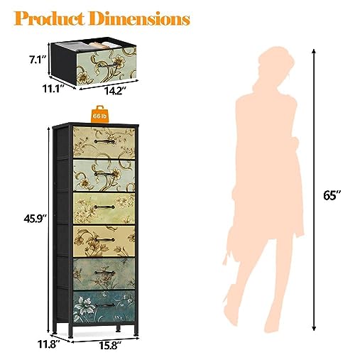 Tall 6-Drawer Dresser with Fabric Drawers, Retro Storage Organizer Unit