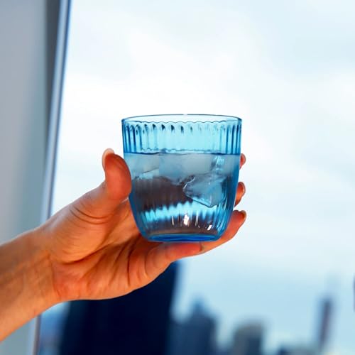 Blue Textured Water Glasses, 9.75 oz Retro Drinking Tumblers, Set of 12
