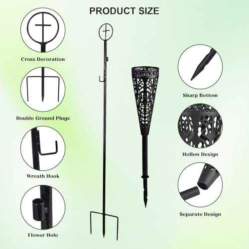 Adjustable Metal Cemetery Wreath Stand with Vases - 38" Grave Flower Holder