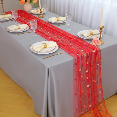 Red Floral Embroidery Table Runner 10FT for Wedding & Home Decor