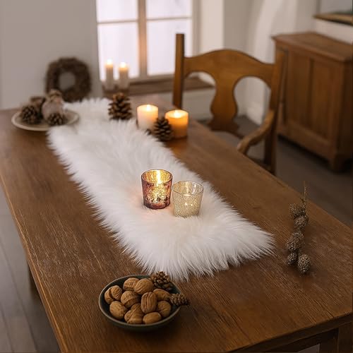 11.8x47.2 Inch Faux White Fur Table Runner for Christmas Decor - MeiSan