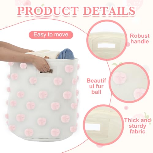Large Pink Cotton Pom Pom Laundry Basket - 17.5" x 20.8" Nursery Storage