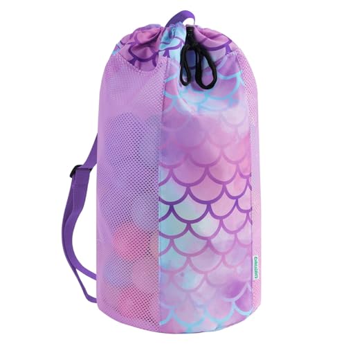 Mermaid Mesh Beach Bag for Kids, Large Drawstring Backpack for Toys & Shells