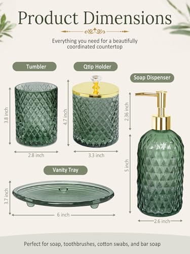 4-Piece Sage Green Glass Bathroom Accessory Set with Soap Dispenser