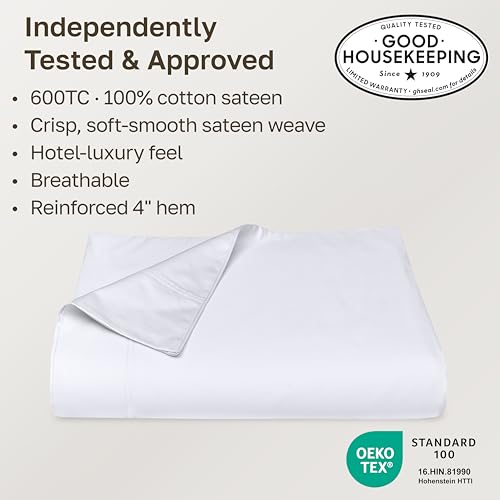 600 Thread Count King Flat Sheet, 100% Cotton Sateen Bedding, Bright White