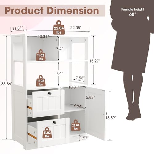 Small Freestanding Bathroom Storage Cabinet with Drawers and Adjustable Shelves