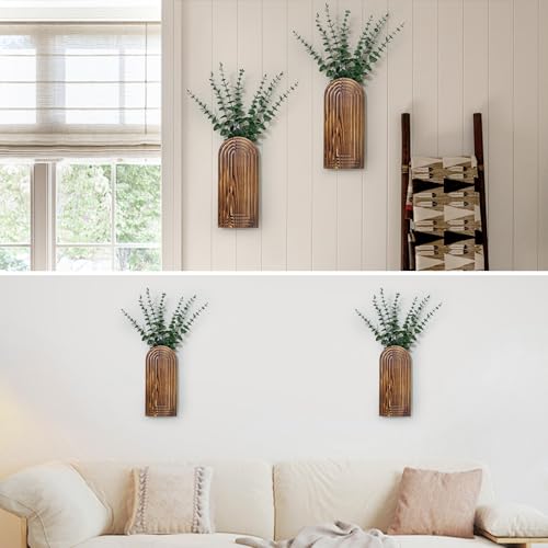Wooden Wall Planter Vase Set of 2, Boho Hanging Wood Planters for Home Decor