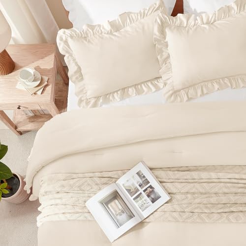 Beige Ruffled Queen Comforter Set - 3 Piece Lightweight Bedding