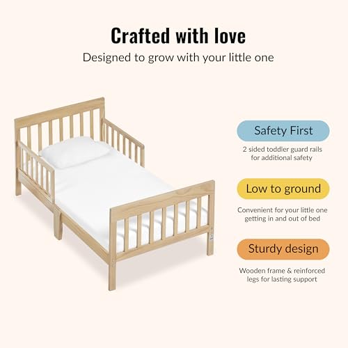 Low to Floor Wooden Toddler Bed Frame with Dual Safety Guard Rails