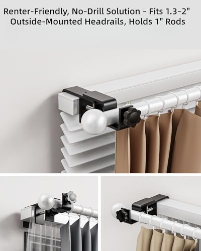 No-Drill Over-Blinds Curtain Rod Brackets for 1.3-2" Headrails - 2 Pack
