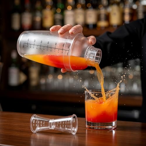 Homestia 2Pcs Plastic Cocktail Shaker & Jigger Set (700cc/24oz) - Includes 1 Shaker + 1 Double-Sided Measuring Jigger