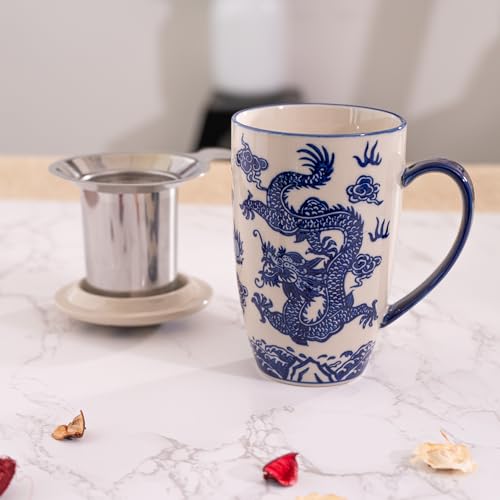 Urban Tokyo Ryu Dragon Tea Mug with Lid & Stainless Steel Infuser 15oz Porcelain
