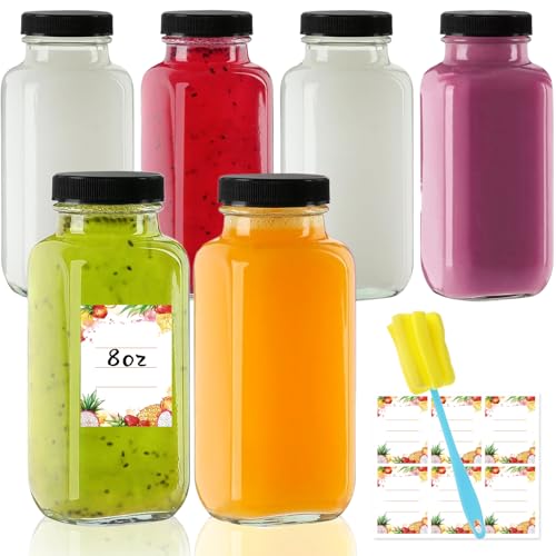 8 oz Glass Juice Bottles with Leakproof Lids - 6-Pack Reusable Jars