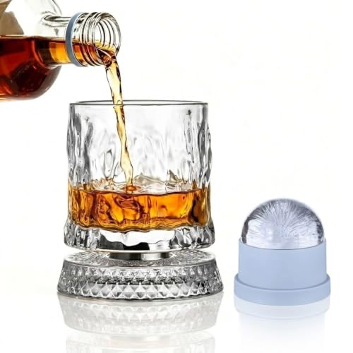 Rotating Whiskey Glass with Large Ice Ball Mold - Kinetic Spin Tumbler for Bourbon & Old Fashioned - Unique Gift for Men, Dad