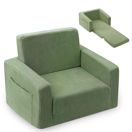 2-in-1 Fold-Out Kids Sofa Chair - Cozy Corduroy Convertible Couch, Green