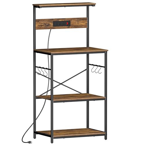 4-Tier Kitchen Bakers Rack with Power Outlet and Storage, Rustic Brown