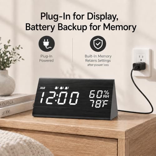 Wooden Digital Alarm Clock with Humidity and Temperature Display - Black