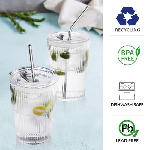 16 Oz Ribbed Reusable Iced Coffee Cups with Lids and Straws - Set of 2