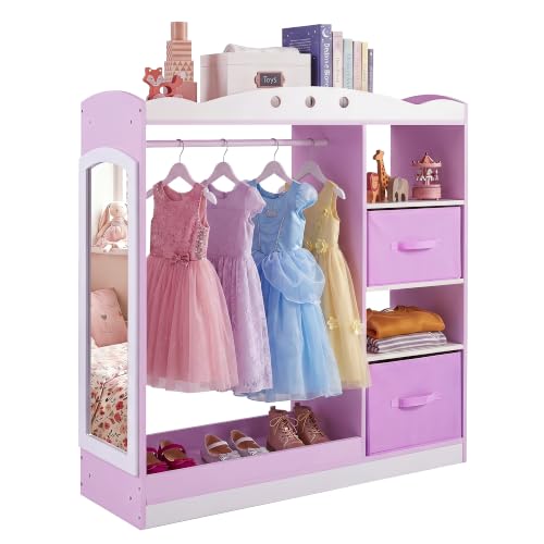 Kids Dress Up Storage Wardrobe with Mirror, Pink Toddler Costume Closet