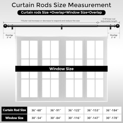 Black Heavy Duty Adjustable Curtain Rod, 1 Inch Metal Drapery Pole (36-91")