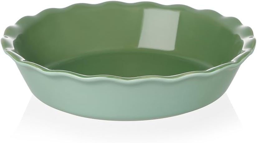 Sweejar Ceramic Pie Pan - 10 Inch Non-Stick Baking Dish with Soft Wave Edge | Green Color for Pies