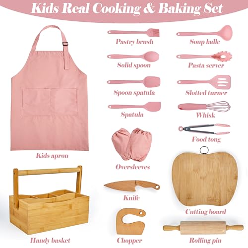 Kids Cooking and Baking Set with Storage Basket, Coral Pink 17-Piece