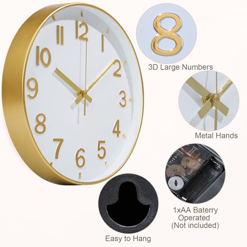 8-Inch Silent Gold Wall Clock, Non-Ticking Minimalist Analog Clock for Home