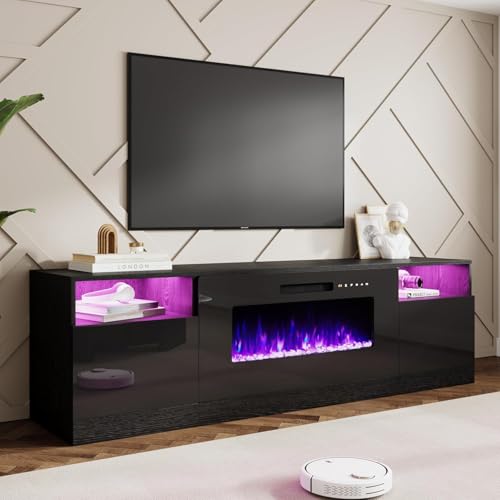 80-Inch Fireplace TV Stand with 40-Inch Electric Fireplace and LED Lights