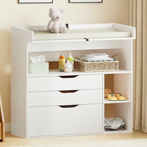 White Pipleo Baby Changing Table Dresser with 3 Drawers & Shelves