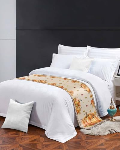 Fall Pumpkin Bed Runner Scarf for King Bed, Satin Bedding Throw (102x20 In)