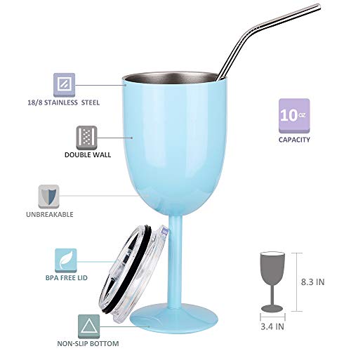 AMZUShome 10 oz Light Blue Stainless Steel Wine T tumbler with lid & straw, double walled