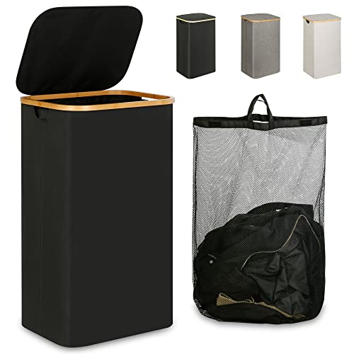 110L Large Laundry Hamper with Lid & Bamboo Handles - Collapsible Basket