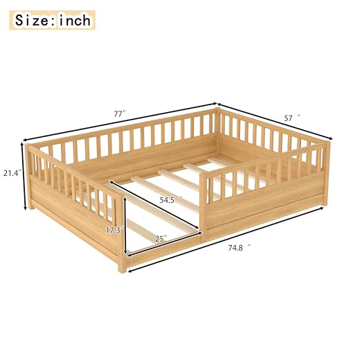 Full Size Montessori Floor Bed Frame with Safety Fence, Solid Wood