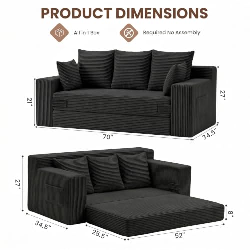 70-Inch 3-in-1 Convertible Sofa Bed, Corduroy Sleeper Couch with 5 Pillows